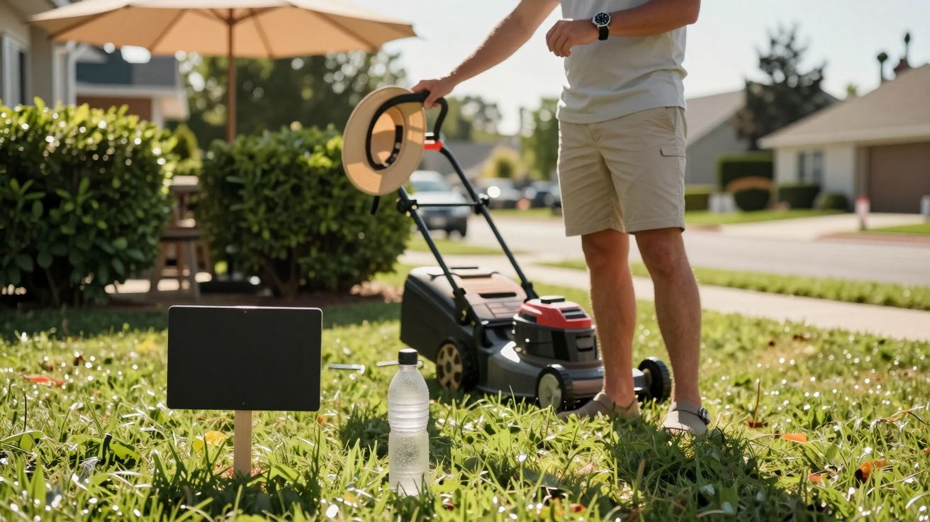 Persoană tundând iarba cu o mașină de tuns în grădină, ținând o pălărie și o sticlă de apă lângă un panou mic.