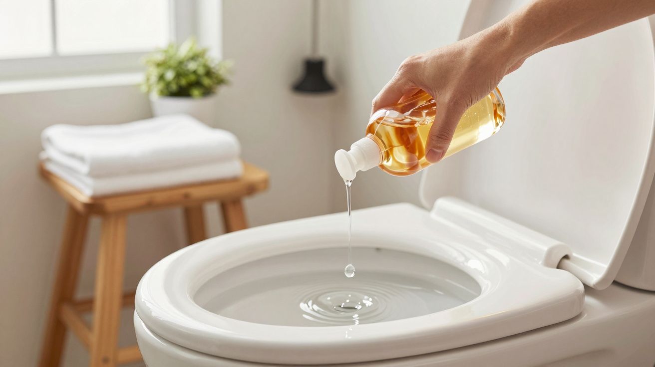 Mână turnând lichid de curățat în vasul toaletei lângă un prosop alb pe un scaun.