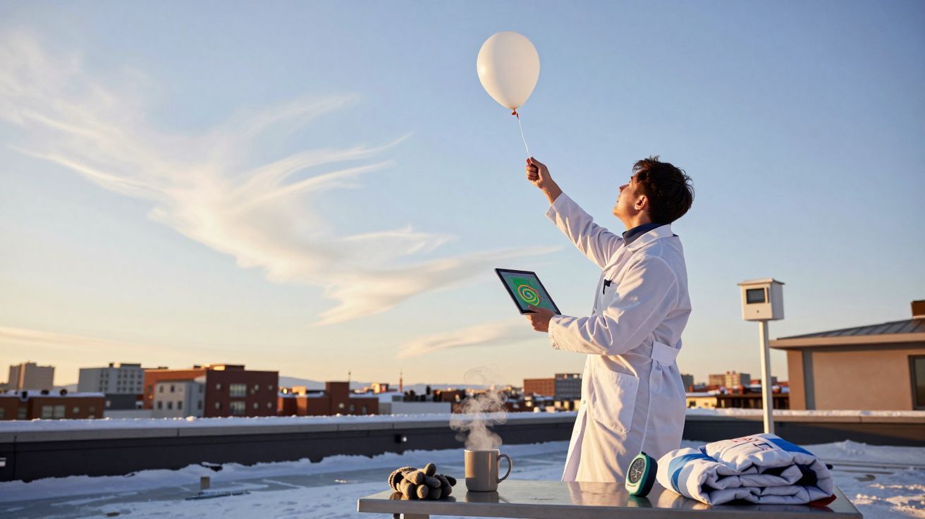 Un bărbat în halat alb pe un acoperiș ține un balon și o tabletă, cu orașul și cerul senin în fundal.