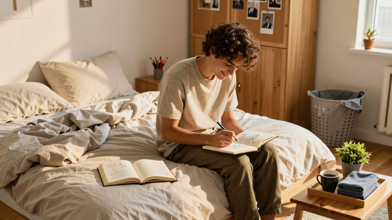 Tânăr stând pe pat, scriind într-un jurnal, înconjurat de cărți și o cafea, într-o cameră luminoasă și organizată.