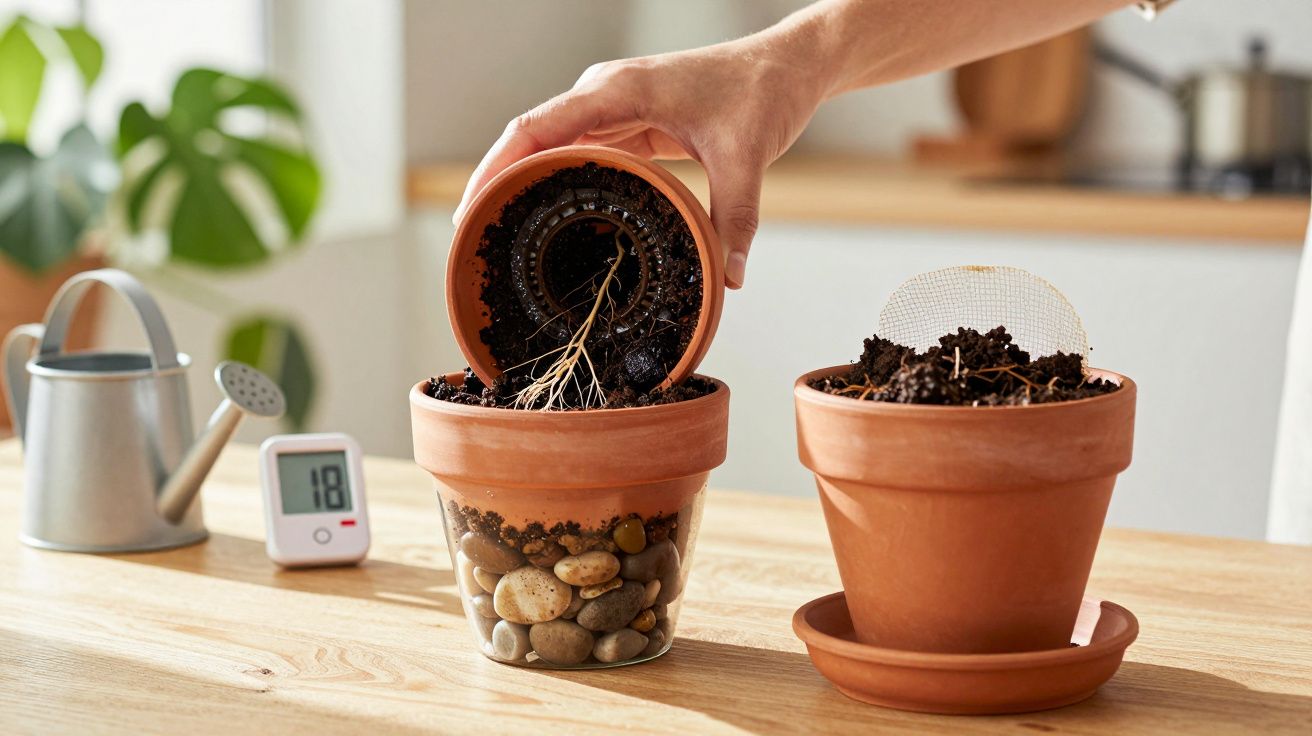 Două ghivece pe masă, unul cu pietre și pământ, altul fiind plantat. O mână ține un vas cu pământ și rădăcini.