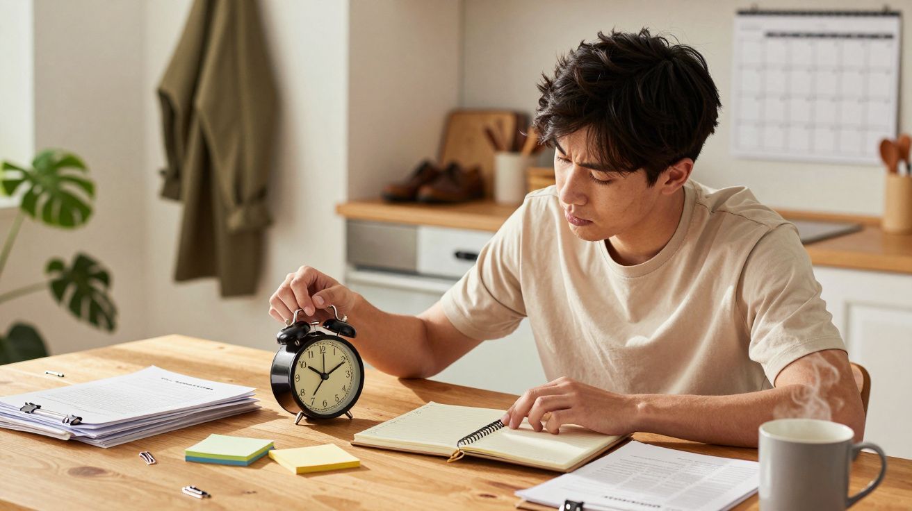 Bărbat stă la masă cu un ceas deșteptător, notițe și cană de cafea, scriind în jurnal.