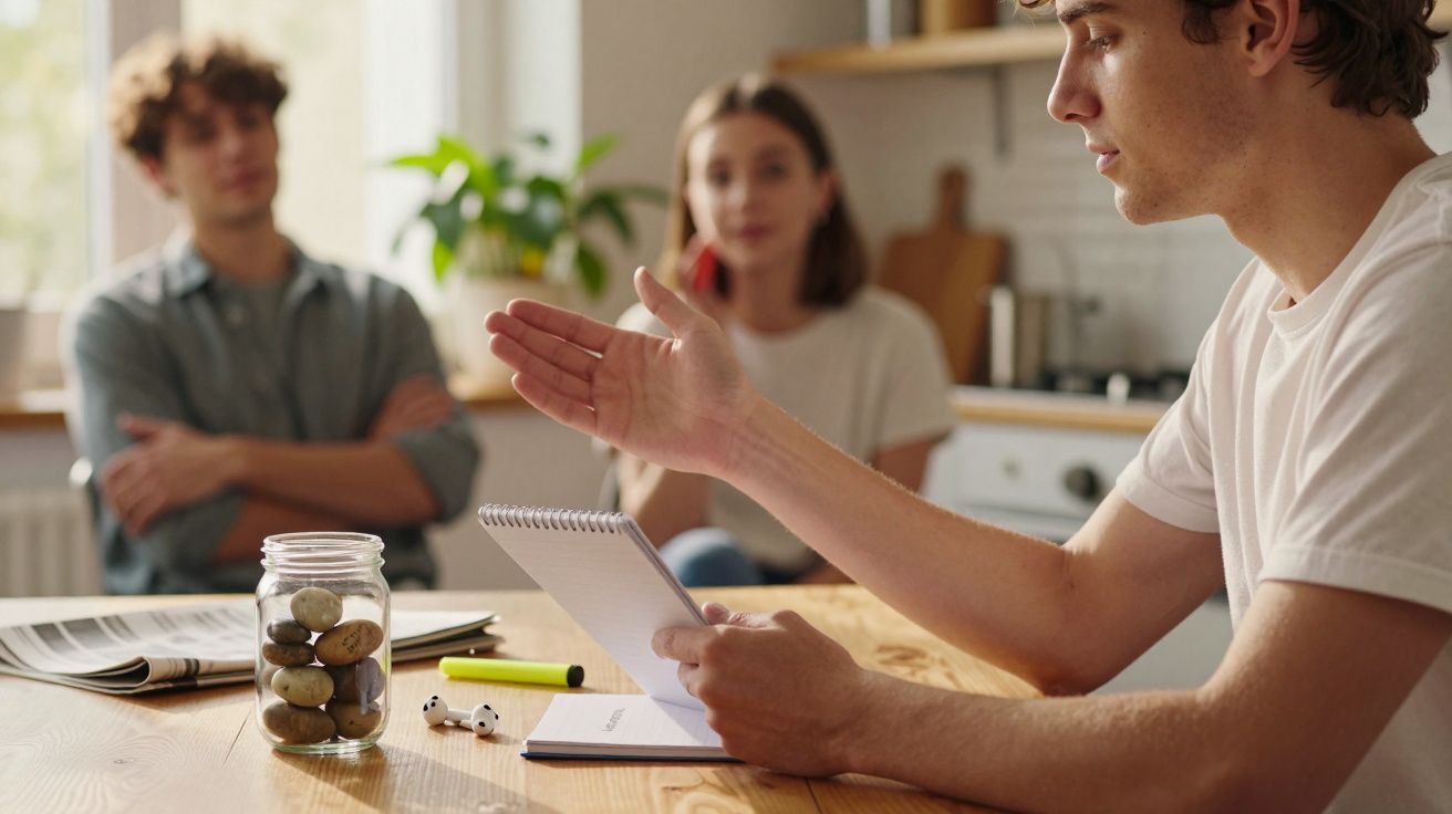 Trei persoane discută în jurul unei mese, una ținând un caiet, iar pe masă se află un borcan cu pietre.