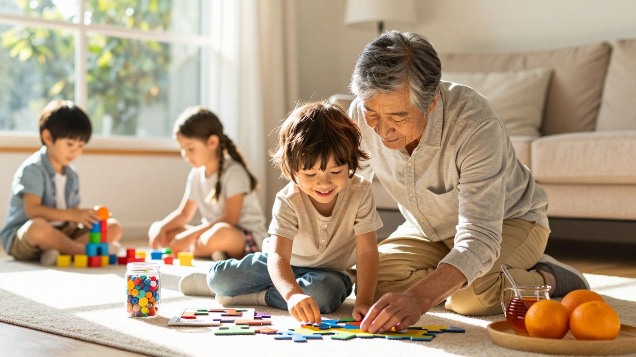 Bunic și patru copii se joacă pe covor cu puzzle și cuburi colorate într-un living luminos.