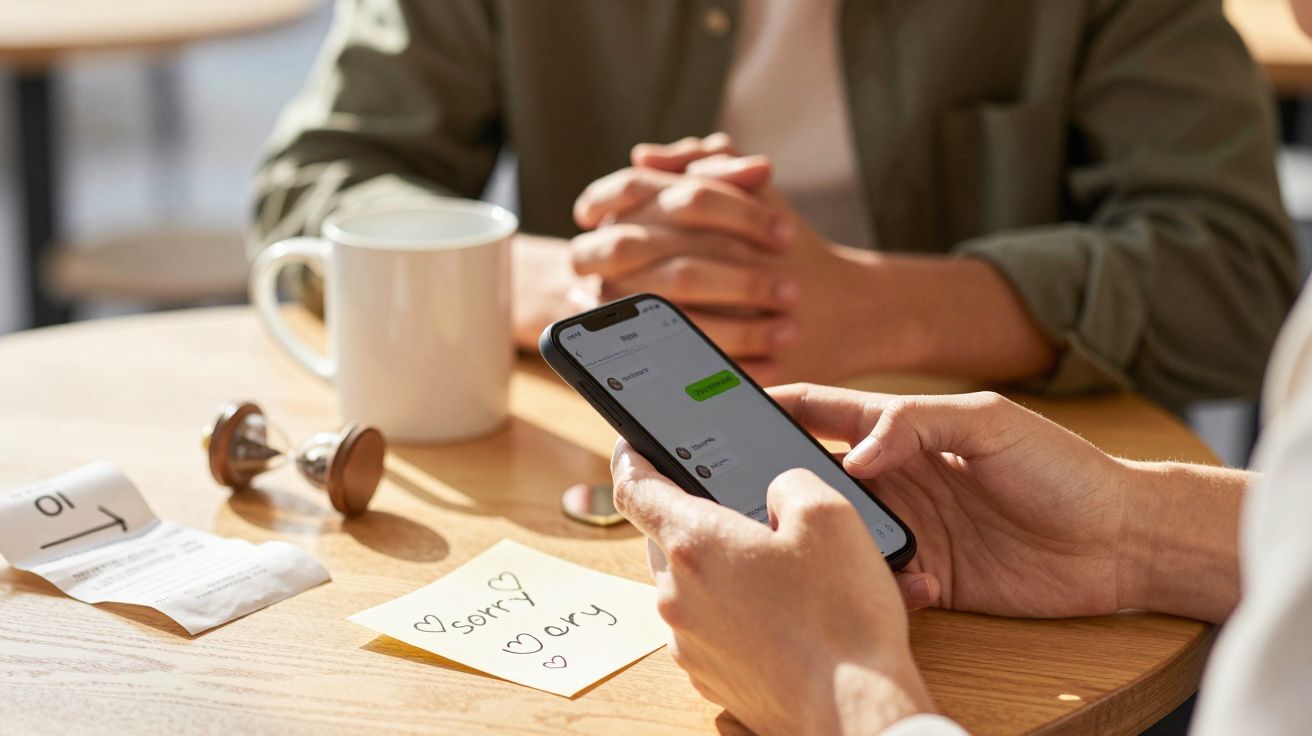Persoană folosind telefonul la o masă, cu o notă scrisă "sorry" și o ceașcă albă în fundal.