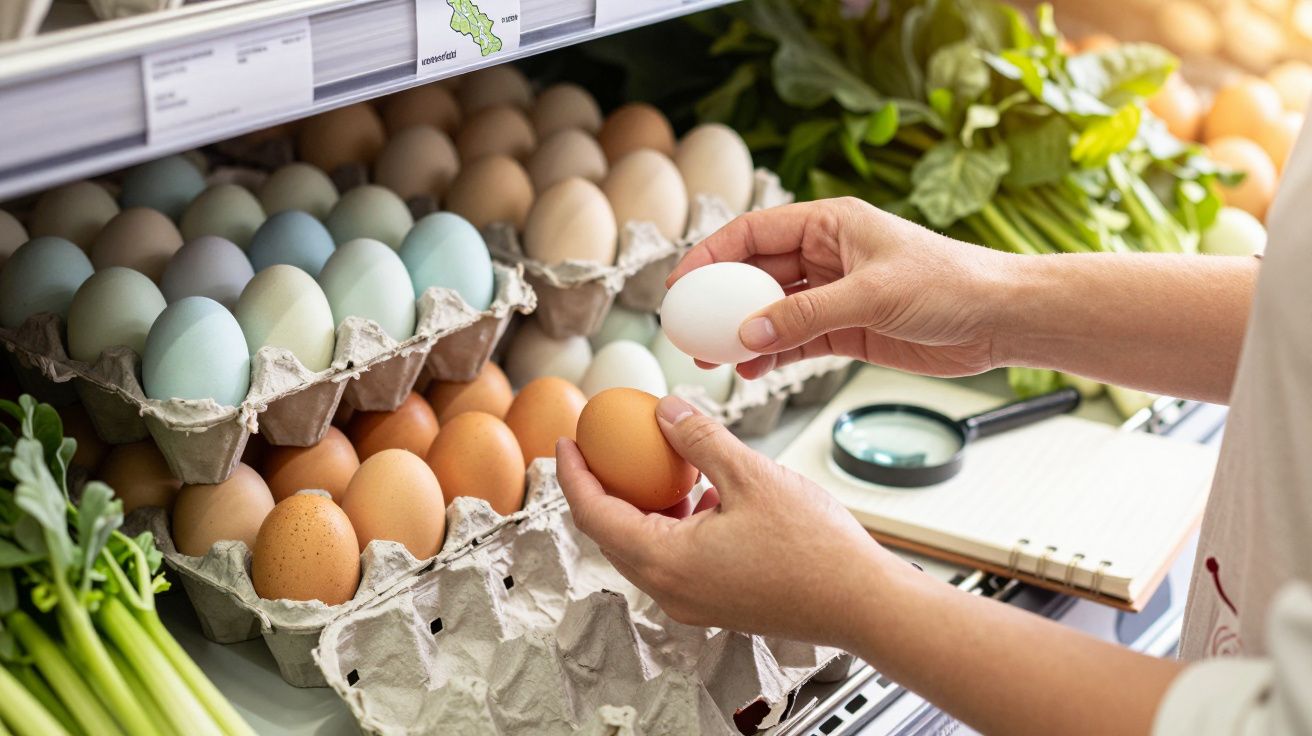 Persoană alegând ouă de culori diferite de pe un raft, cu o lupă și un caiet alături.