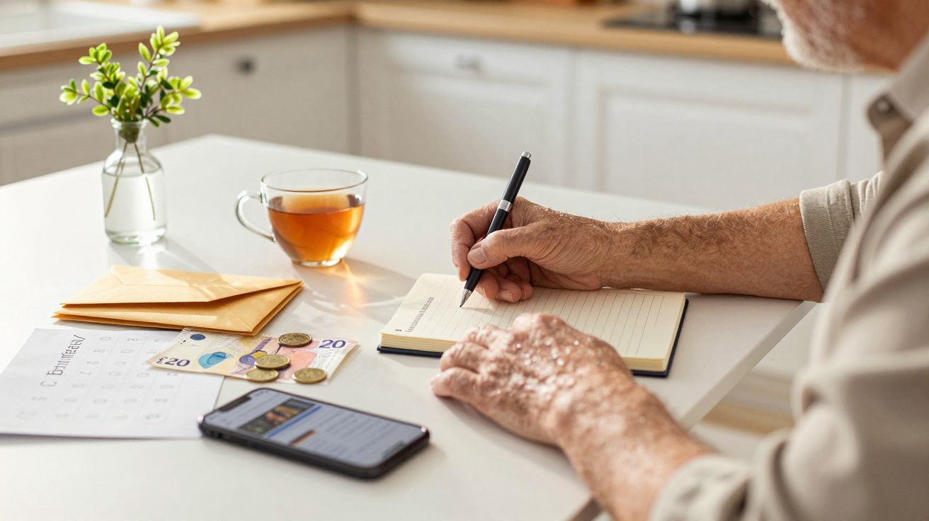 Bărbat în vârstă scriind într-un caiet la masa din bucătărie, cu cană de ceai și monede pe masă.