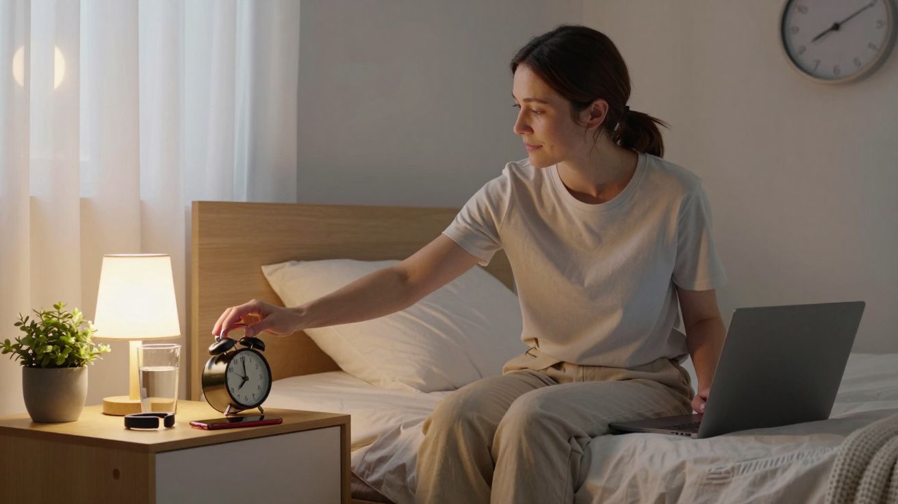 Femeie oprește o alarmă pe noptieră, laptop în brațe, într-o cameră luminoasă cu ceas și lampă aprinsă.