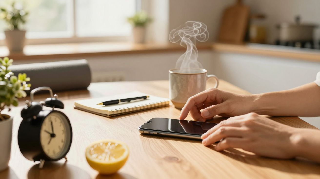 Persoană folosind un smartphone pe masă, alături de un ceas, caiet, creion, ceașcă cu abur și o felie de lămâie.