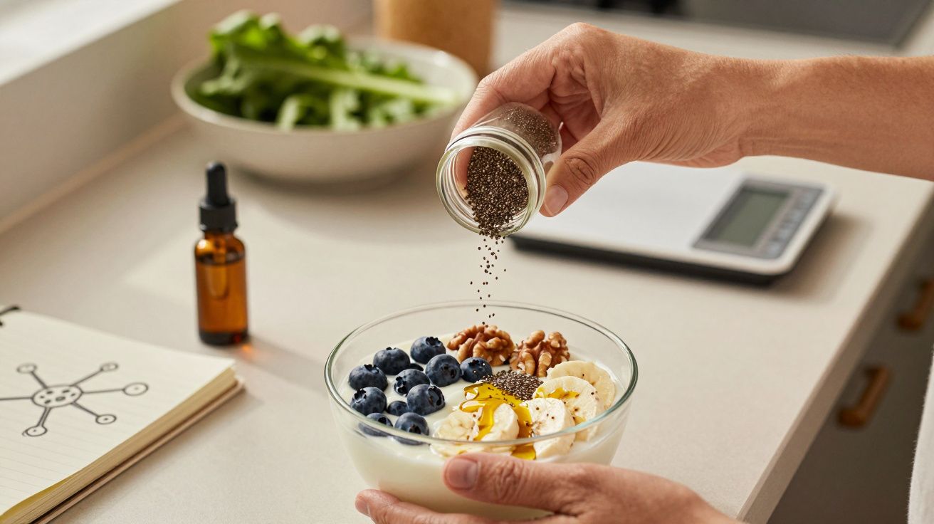 O mână presară semințe de chia peste un bol cu iaurt, afine, banane și nuci, pe un blat de bucătărie.