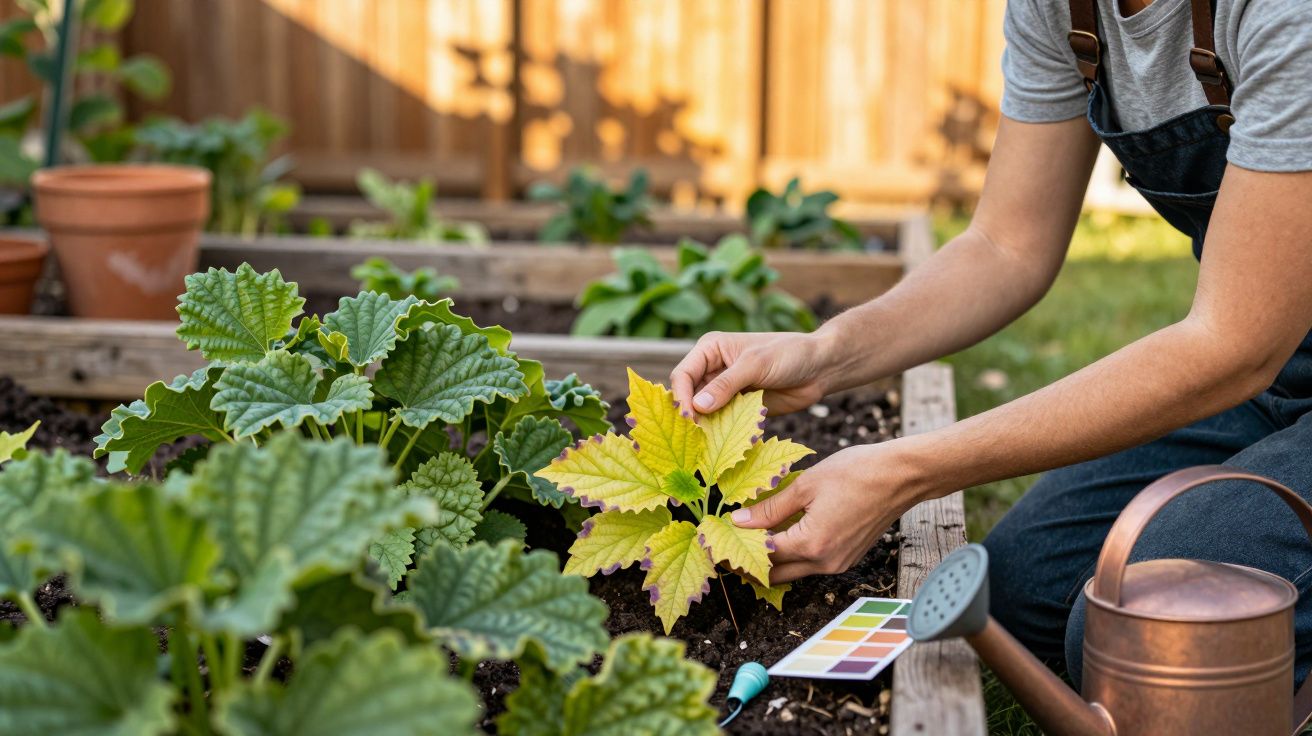 Persoană îngrijind o plantă în grădină, ținând o frunză galbenă, lângă o stropitoare și un ghiveci.