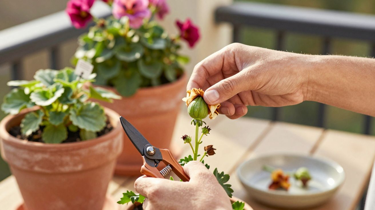 Mâini taie cu foarfeca o floare ofilită pe o terasă, lângă ghivece cu plante înflorite.