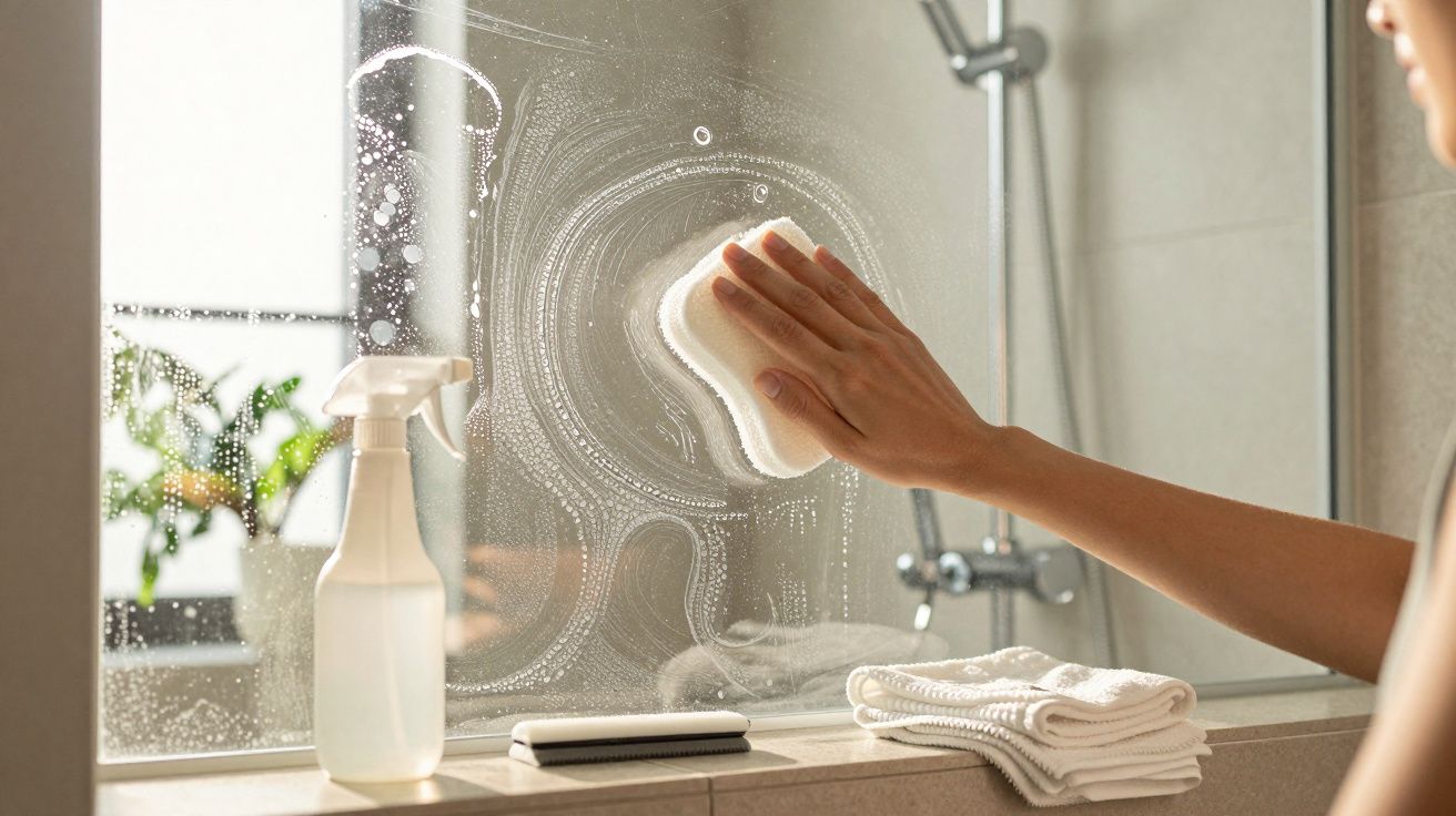 O mână curăță o oglindă în baie, cu o cârpă albă. Alături se află un spray și cârpe suplimentare.