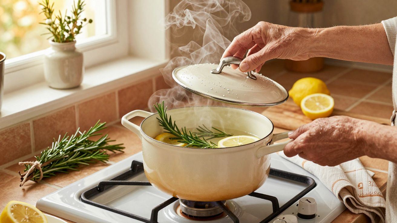 Mâinile unei persoane ridică capacul unui vas cu apă clocotind, felii de lămâie și crenguțe de rozmarin pe aragaz.