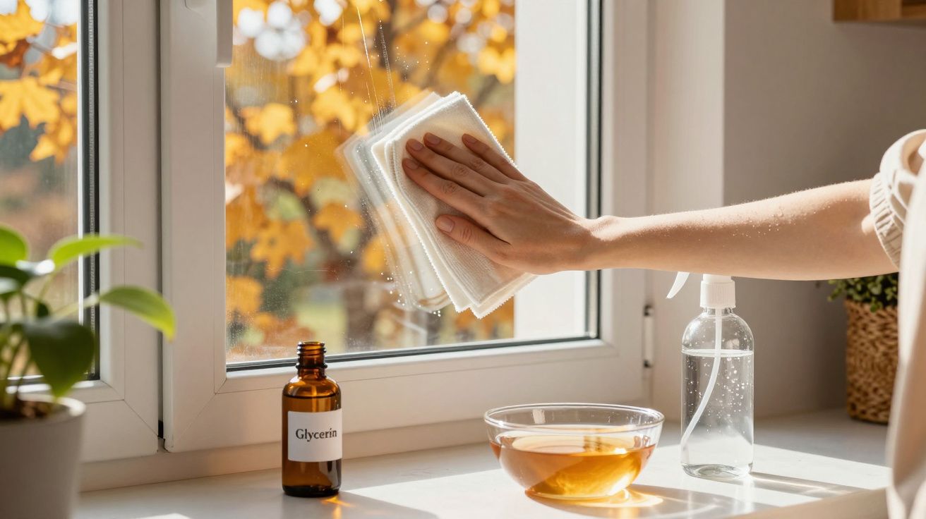 Mână curăță o fereastră cu o lavetă albă; sticluțe cu glicerină și spray pe pervaz, frunziș galben afară.