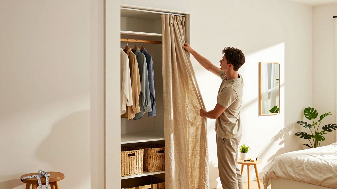 Bărbat deschide o draperie în fața unui dulap cu haine și coșuri de depozitare într-un dormitor luminat.