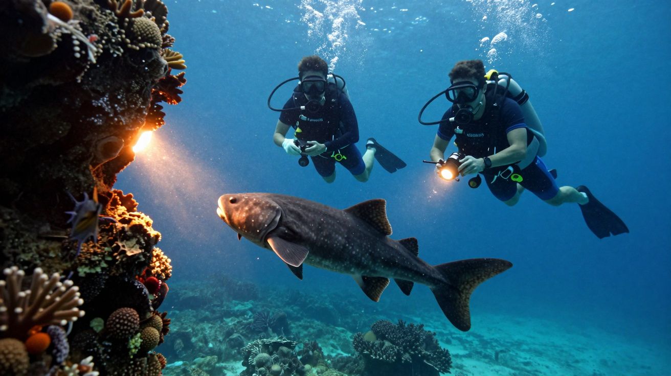 Doi scafandri explorează un recif de corali subacvatic, observând un rechin, cu lanterne aprinse.