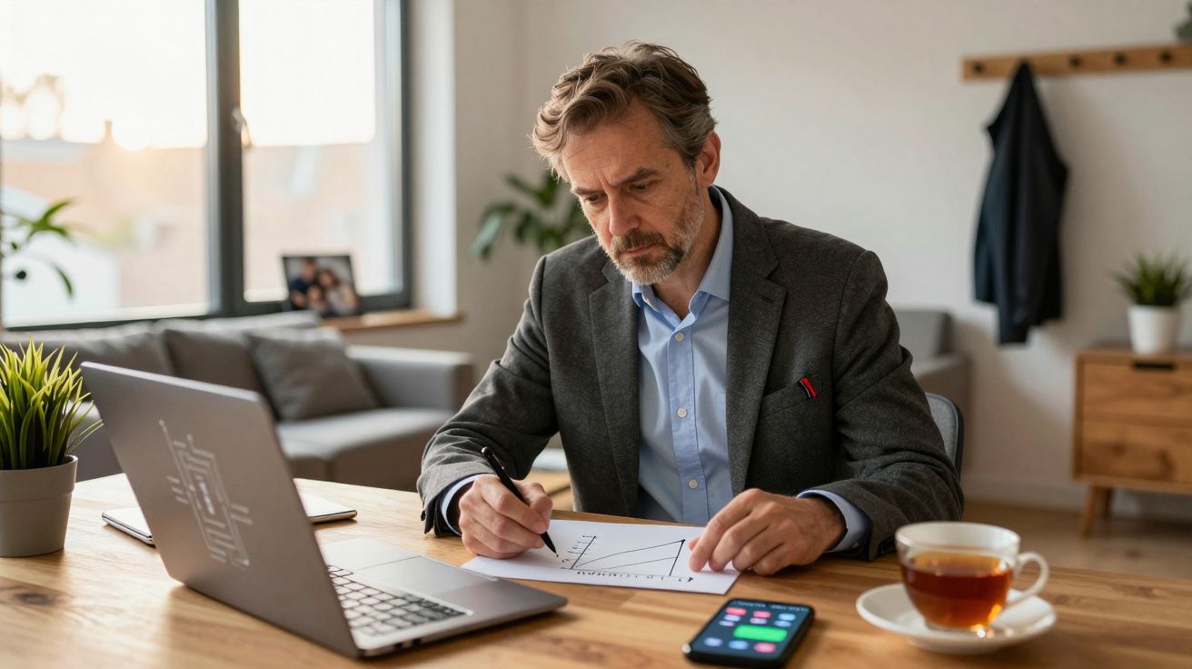 Bărbat la birou analizează documente, utilizând un laptop; ceașcă de ceai pe masă, smartphone activ.