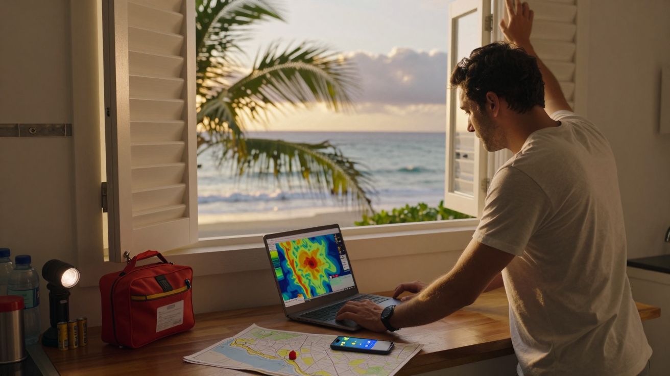 Bărbat lucrând la laptop lângă o fereastră deschisă, cu vedere spre plajă, palmieri și hartă pe masă.