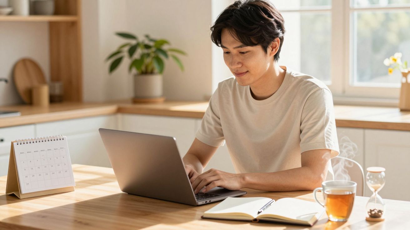 Persoană stând la o masă lucrând pe laptop, lângă un caiet deschis și o ceașcă de ceai, într-o cameră luminoasă.