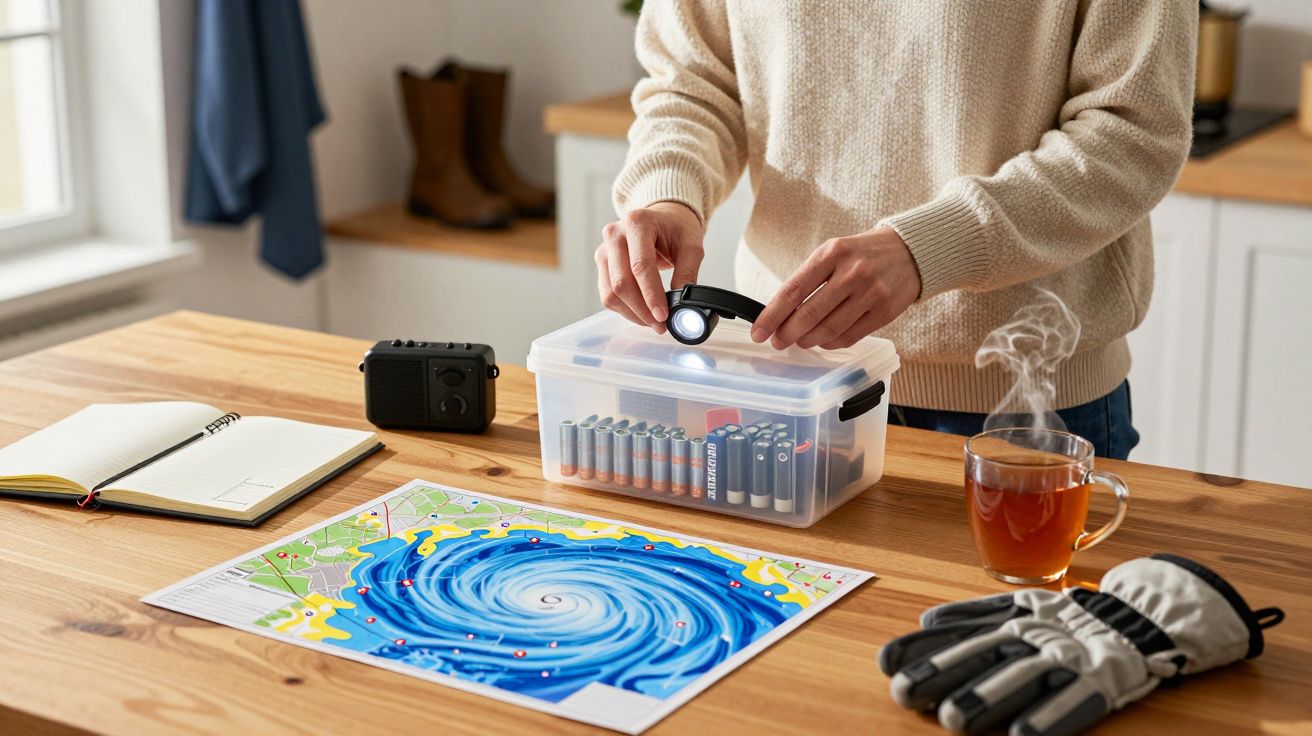 Persoană organizează cutie cu baterii și lanternă pe masă cu hartă, cană de ceai și mănuși.