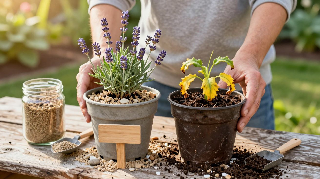 Două ghivece pe o masă de grădinărit, unul cu lavandă înflorită și altul cu plantă ofilită, lângă un borcan cu nisip.