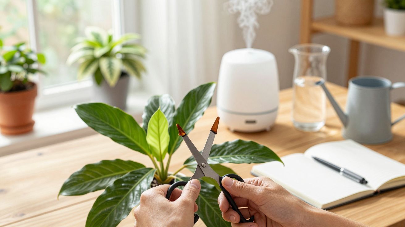 Persoană ținând o foarfecă pregătită să curețe o plantă de interior pe un birou cu difuzor, stropitoare și caiet.